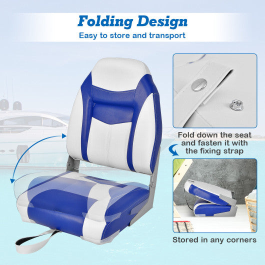 2 Pieces High Back Folding Boat Seat Set with Sponge Cushion-Blue