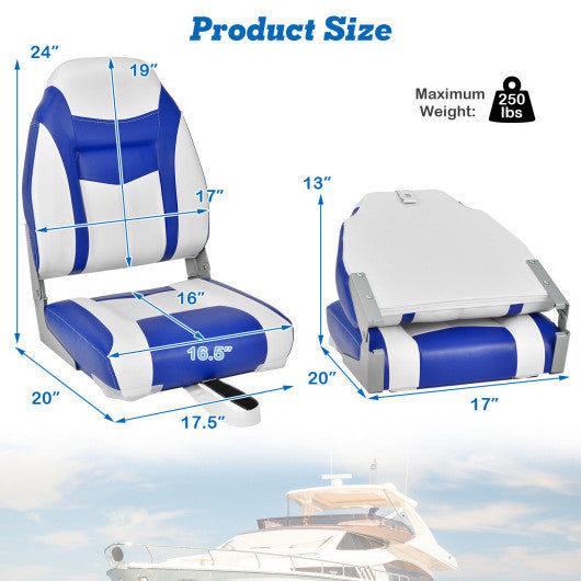 2 Pieces High Back Folding Boat Seat Set with Sponge Cushion-Blue