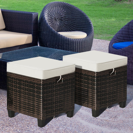 2 Pieces Patio Rattan Ottoman Set with Removable Cushions-Beige
