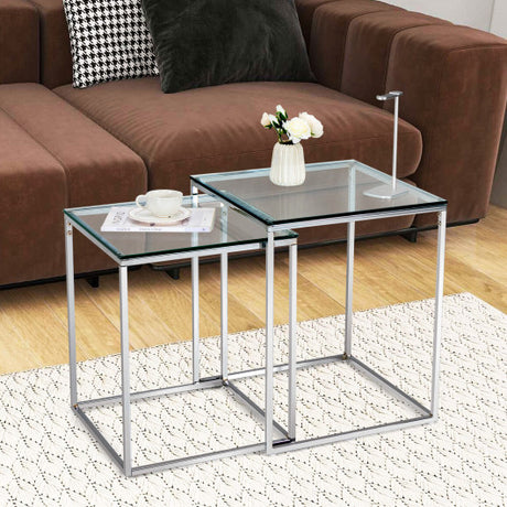 2 Pieces Modern Nesting Coffee Table with Tempered Glass Top and Steel Frame-Sliver