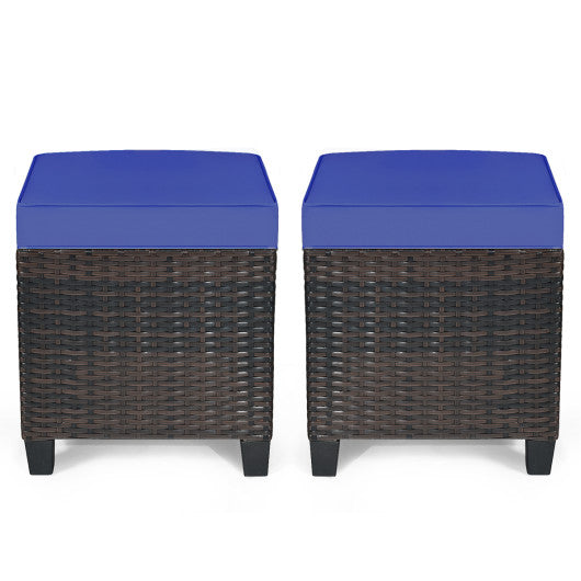 2 Pieces Patio Rattan Ottoman Set with Removable Cushions-Navy