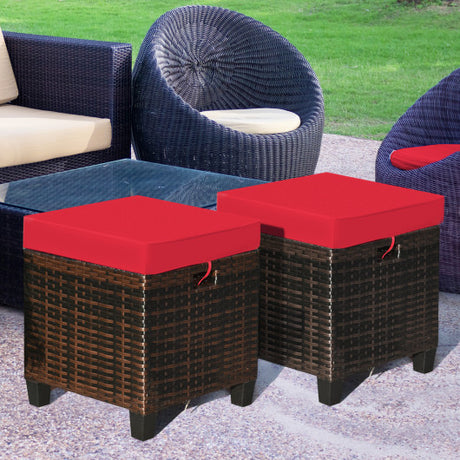 2 Pieces Patio Rattan Ottoman Set with Removable Cushions-Red