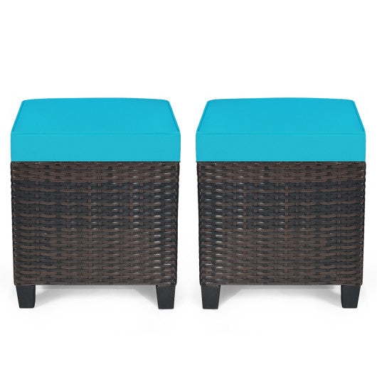 2 Pieces Patio Rattan Ottoman Set with Removable Cushions-Turquoise
