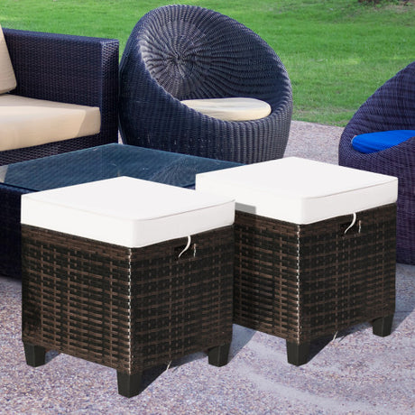 2 Pieces Patio Rattan Ottoman Set with Removable Cushions-White