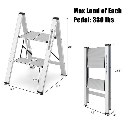 Folding Aluminum 2-Step Ladder with Non-Slip Pedal and Footpads-Silver