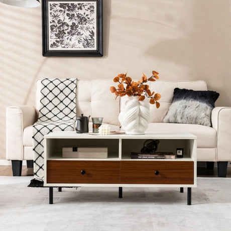 2 Tier 40 Inch Length Modern Rectangle Coffee Table with Storage Shelf and Drawers-White