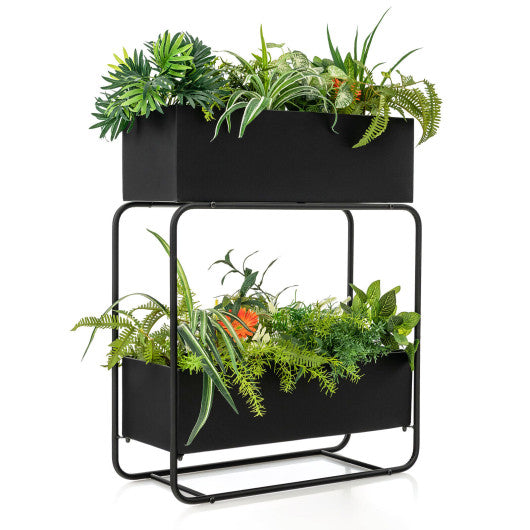 2-Tier Metal Elevated Garden Bed with Raised Flower Box-Black