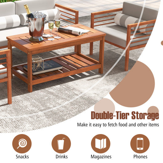 2-Tier Patio Coffee Table with Slatted Tabletop and Shelf