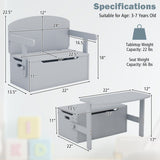 3-in-1 Kids Convertible Storage Bench Wood Activity Table and Chair Set-Gray
