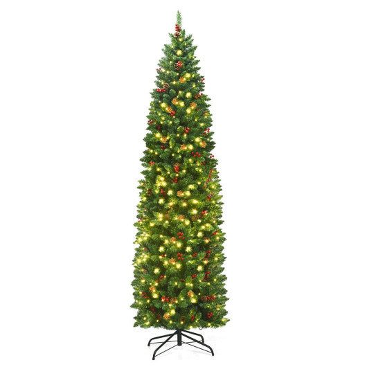 7.5 Feet Pre-lit Hinged Pencil Christmas Tree with Pine Cones Red Berries