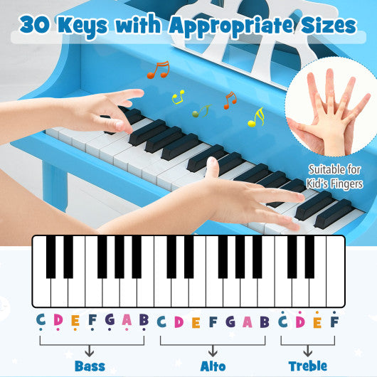 30 Key Wood Toy Kids Grand Piano with Bench and Music Rack Blue