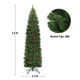 7.5 Feet Pre-lit Hinged Pencil Christmas Tree with Pine Cones Red Berries