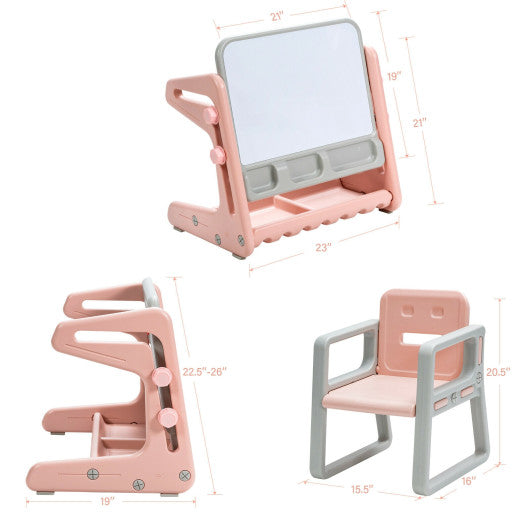 2 in 1 Kids Easel Table and Chair Set  with Adjustable Art Painting Board-Pink