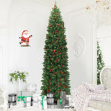 7.5 Feet Pre-lit Hinged Pencil Christmas Tree with Pine Cones Red Berries