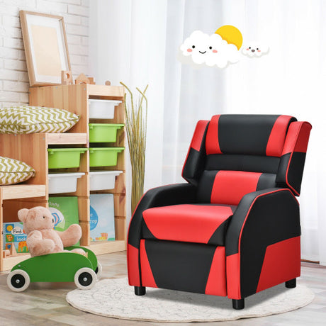 Kids Youth PU Leather Gaming Sofa Recliner with Headrest and Footrest-Red