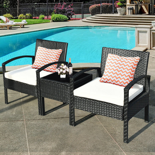 3 Pieces Outdoor Rattan Patio Conversation Set with Seat Cushions-White