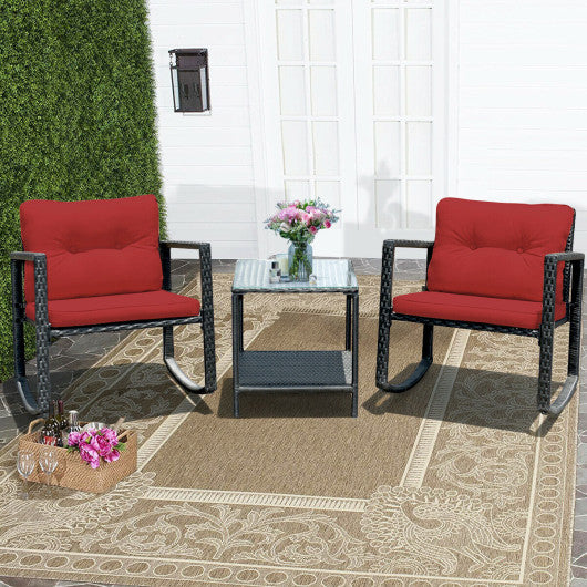 3 Pcs Wicker Rocking Bistro Set with Glass Coffee Table and Storage Shelf-Red