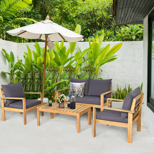 Outdoor 4 Pieces Acacia Wood Chat Set with Water Resistant Cushions-Gray