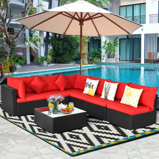 7 Pieces Sectional Wicker Furniture Sofa Set with Tempered Glass Top-Red