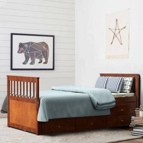 Twin Captain’s Bed with Trundle and 3 Storage Drawers-Walnut