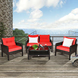 4 Pieces Outdoor Rattan Wicker Loveseat Furniture Set with Cushions-Red