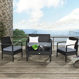 4 Pieces Patio Rattan Cushioned Furniture Set with Loveseat and Table-Black