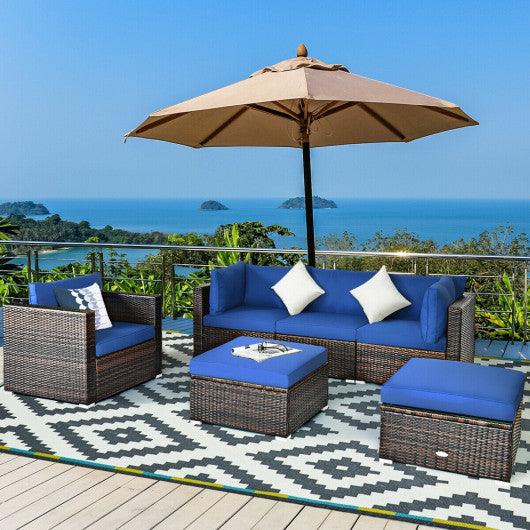 6 Pcs Patio Rattan Furniture Set with Sectional Cushion-Blue