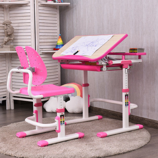 Height Adjustable Kids Study Desk and Chair Set-Pink