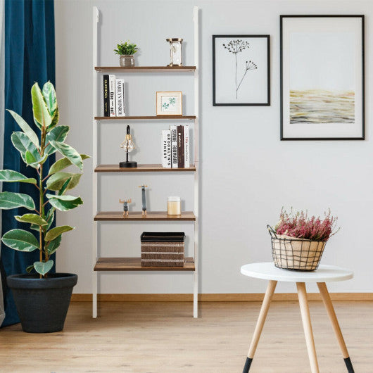 5-Tier Wood Look Ladder Shelf with Metal Frame for Home-White