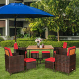 9 Pieces Patio Rattan Dining Cushioned Chairs Set-Red