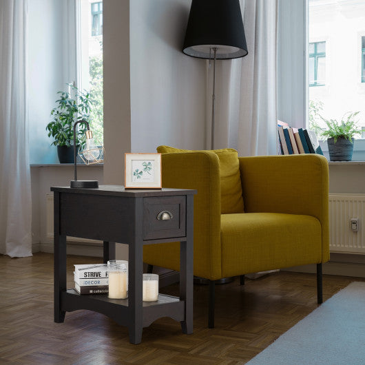 2 Pieces Retro Narrow Tiered End Table with Drawer and Storing Shelf-Brown