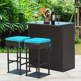 3PCS Patio Rattan Wicker Bar Table Stools Dining Set-Turquoise