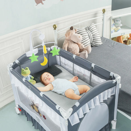 Portable Baby Playpen Crib Cradle with Carring Bag-Gray