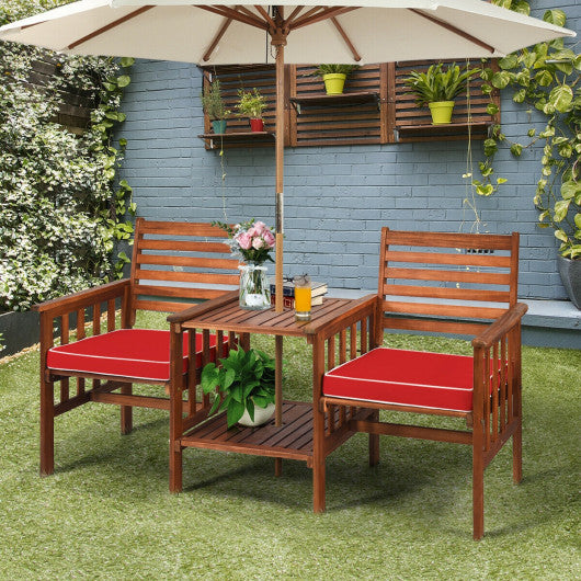 3 pcs Outdoor Patio Table Chairs Set Acacia Wood Loveseat-Red