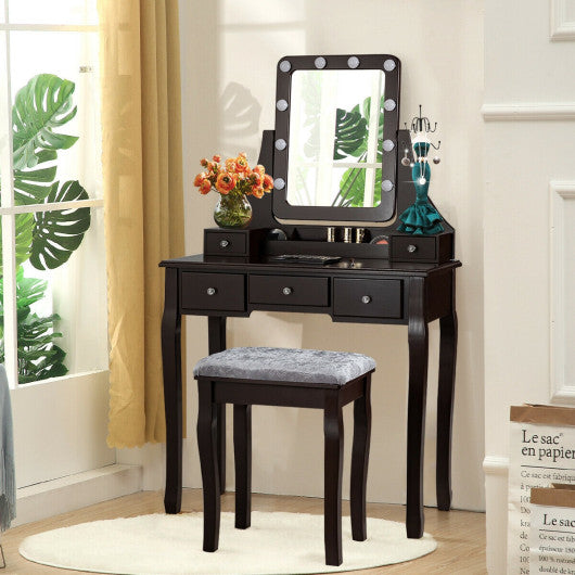 Vanity Dressing Table Set with 10 Dimmable Bulbs and Cushioned Stool-Brown