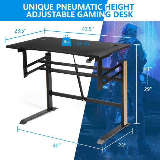 Pneumatic Height Adjustable Gaming Desk T Shaped Game Station with Power Strip Tray-Black