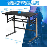 Pneumatic Height Adjustable Gaming Desk T Shaped Game Station with Power Strip Tray-Black