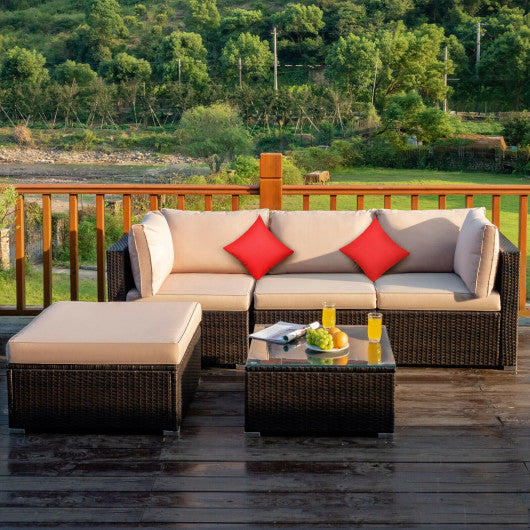 5 Pieces Outdoor Patio Rattan Furniture Set With Cushions-Beige