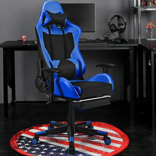 PU Leather Gaming Chair with USB Massage Lumbar Pillow and Footrest -Blue