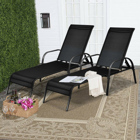 2 Pcs Outdoor Patio Lounge Chair Chaise Fabric with Adjustable Reclining Armrest