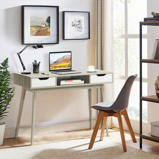 Stylish Computer Desk Workstation with 2 Drawers and Solid Wood Legs-Oak