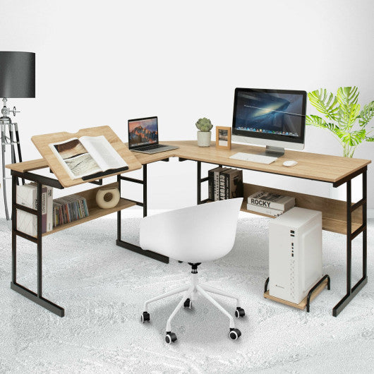 L-Shaped Computer Desk with Tiltable Tabletop-Natural