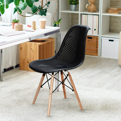 2 Pcs Modern Plastic Hollow Chair Set with Wood Leg-Black