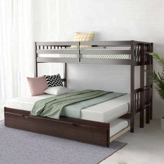 Twin Pull-Out Bunk Bed with Trundle Wooden Ladder-Espresso