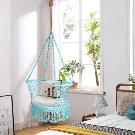 Hanging Hammock Chair with 330 Pounds Capacity and Cotton Rope Handwoven Tassels Design-Turquoise