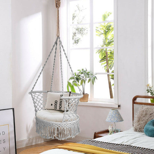 Hanging Hammock Chair with 330 Pounds Capacity and Cotton Rope Handwoven Tassels Design-Gray