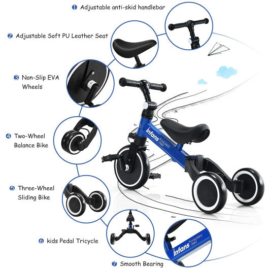 3 in 1 3 Wheel Kids Tricycles with Adjustable Seat and Handlebarfor Ages 1-3-Blue