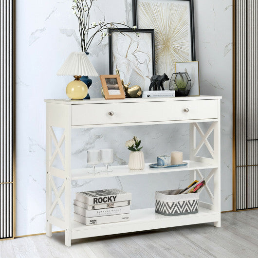 3-Tier Console Table with Drawers for Living Room Entryway-White
