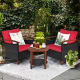 3 Pieces Patio Rattan Furniture Set with Washable Cushion and Acacia Wood Tabletop-Red