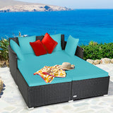 Spacious Outdoor Rattan Daybed with Upholstered Cushions and Pillows-Turquoise